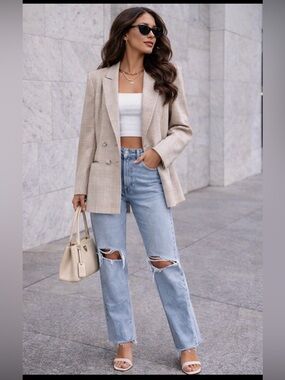 House Of Harlow 1969 Tan Cream Plaid Neutral Double Breasted Blazer Large